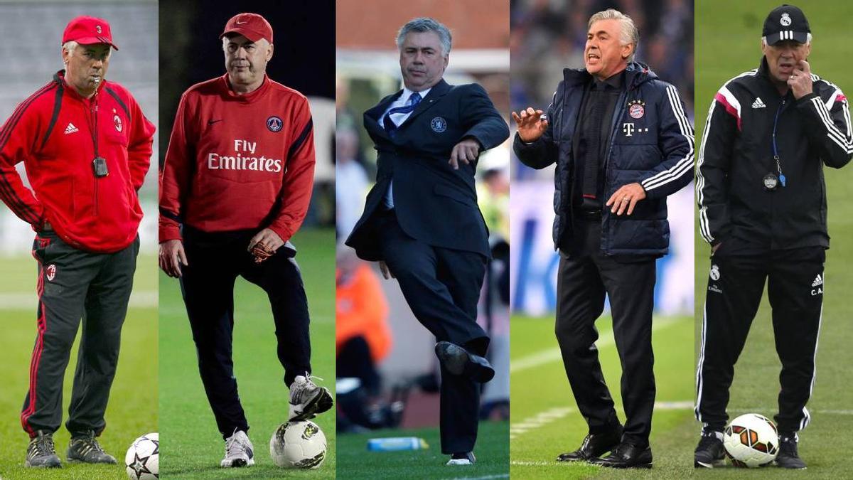 El italiano Carlo Ancelotti en sus diferentes etapas como técnico del Milan, PSG, Chelsea, Bayern y Real Madrid.