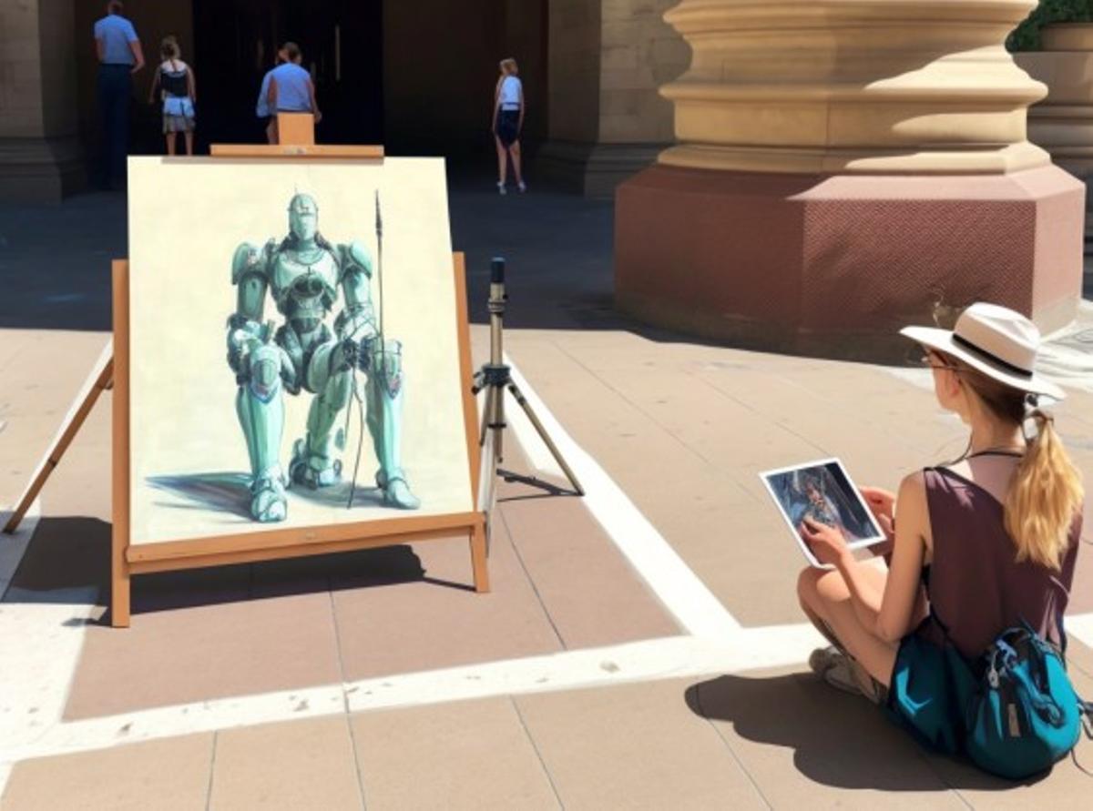 Una inteligencia artificial se imagina a sí misma siendo dibujada por una artista ante un juzgado.