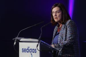 La presidenta de la Comisión Nacional de los Mercados y la Competencia (CNMC), Cani Fernández, interviene en la reunión de la patronal gasista Sedigas, en Madrid. 