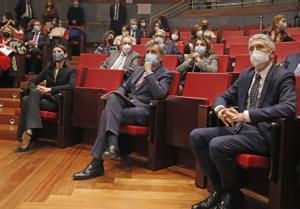 La ministra de Justicia, Pilar Llop, junto al presidente del Supremo y del CGPJ, Carlos Lesmes, y el ministro de Interior, Fernando Grande Marlaska.