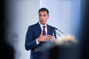 El presidente del Gobierno en funciones, Pedro Sánchez, en una comparecencia en la Moncloa.
