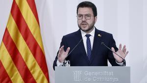 El presidente de la Generalitat de Cataluña, Pere Aragonès, en rueda de prensa.