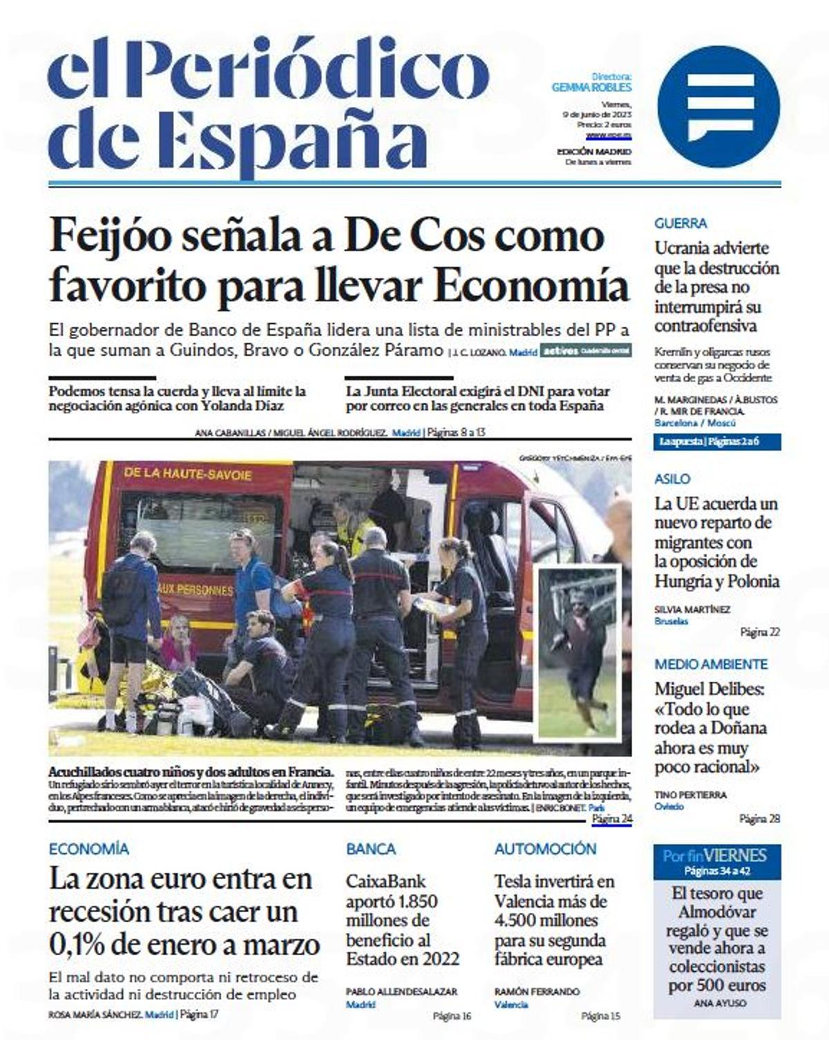 La portada de EL PERIÓDICO DE ESPAÑA, hoy viernes 9 de junio del 2023.