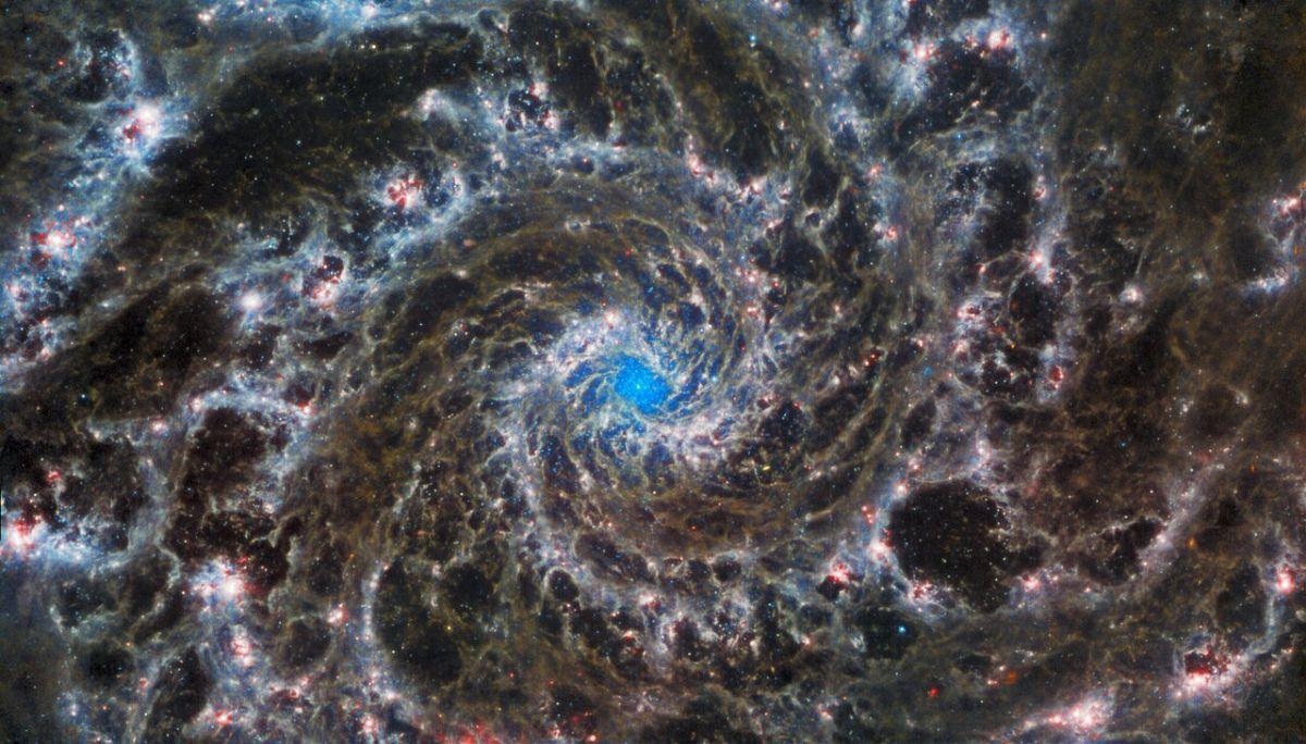 Vista del Telescopio Espacial James Webb del corazón de la Galaxia Fantasma (M74).